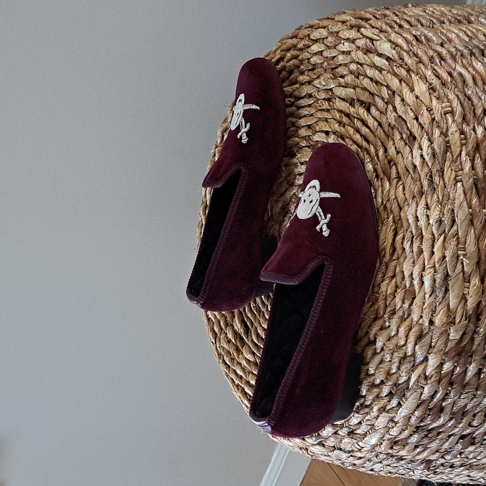 Skipton‎ & Heneage Womens Wine Velvet Smoking Slipper Embroidered Skull Size 5.5